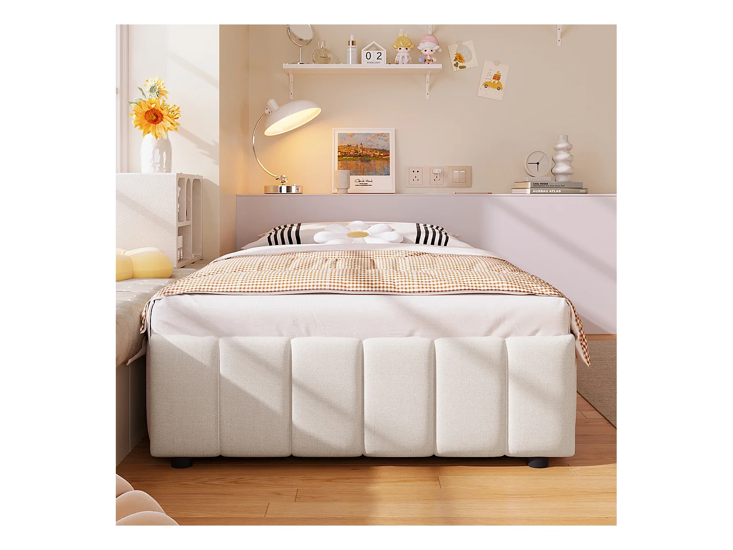 Lit coffre 90x200cm minimaliste, en lin beige sans tête de lit avec rangement hydraulique(sans matelas)