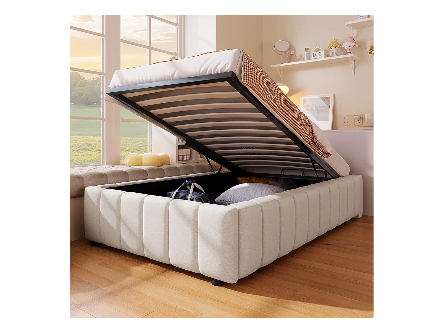 Cama com arrumação 90x200 cm minimalista em linho bege sem cabeceira com sistema hidráulico de armazenamento (sem colchão)