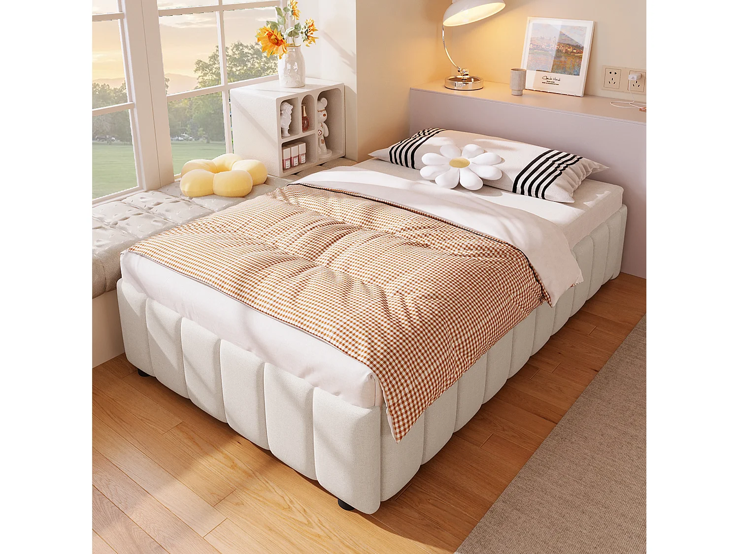 Lit coffre 90x200cm minimaliste, en lin beige sans tête de lit avec rangement hydraulique(sans matelas)