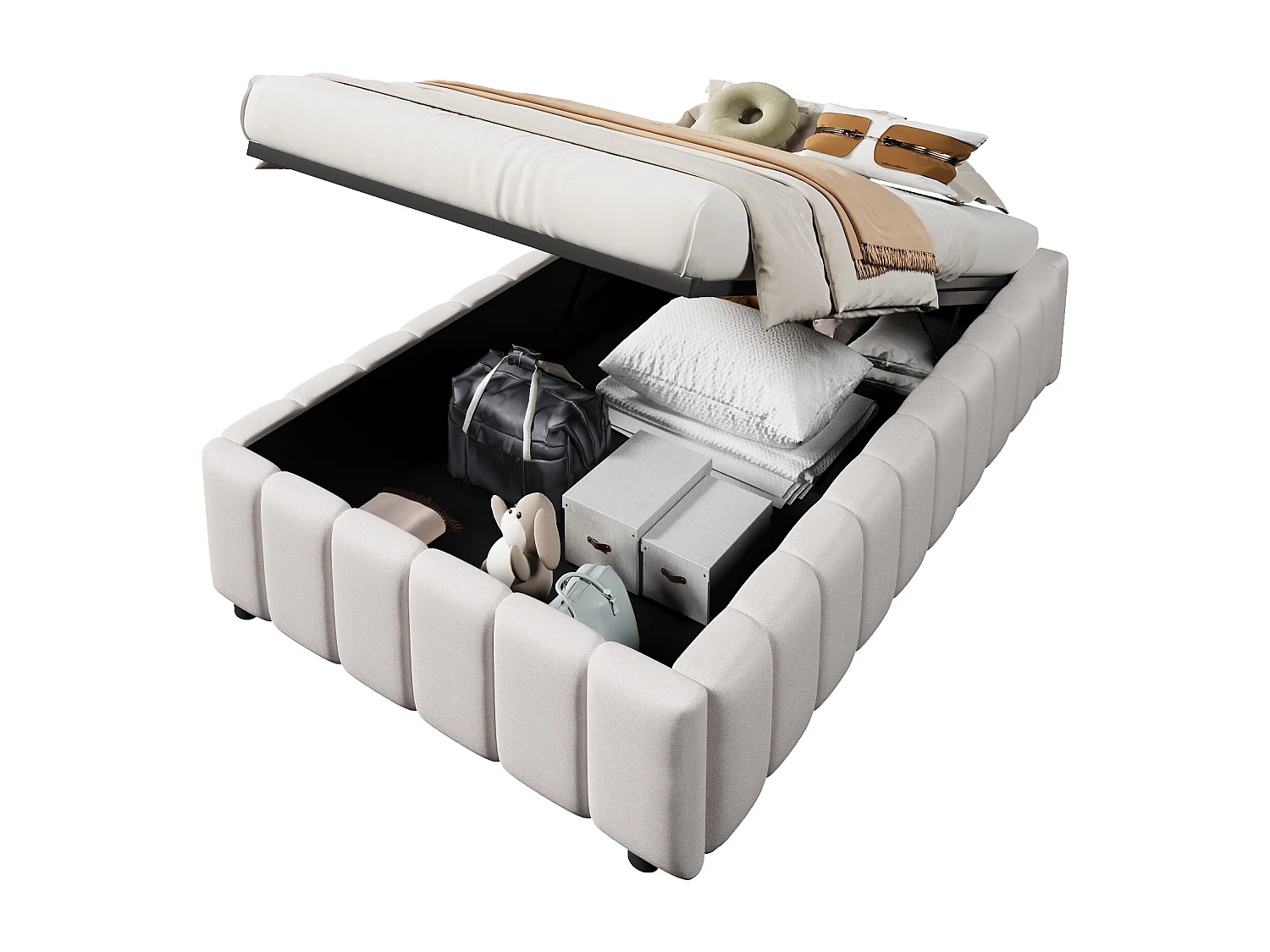 Lit coffre 90x200cm minimaliste, en lin beige sans tête de lit avec rangement hydraulique(sans matelas)