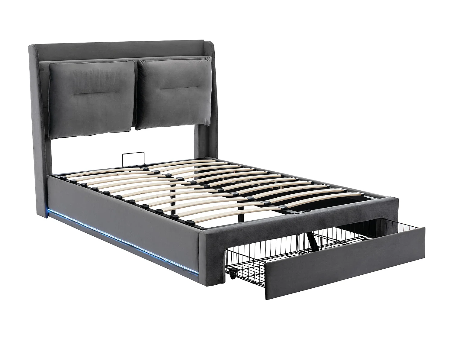 Lit coffre 140x200 cm - lit adulte avec tiroir de rangement 2 en 1 et bande lumineuse LED - velours - gris foncé - sans matelas