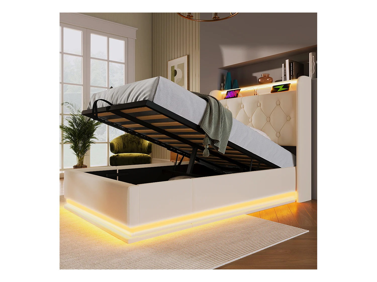 Lit coffre 90x200cm blanc, lit adulte rembourré simple, LED, USB Type-C, PU, sans matelas