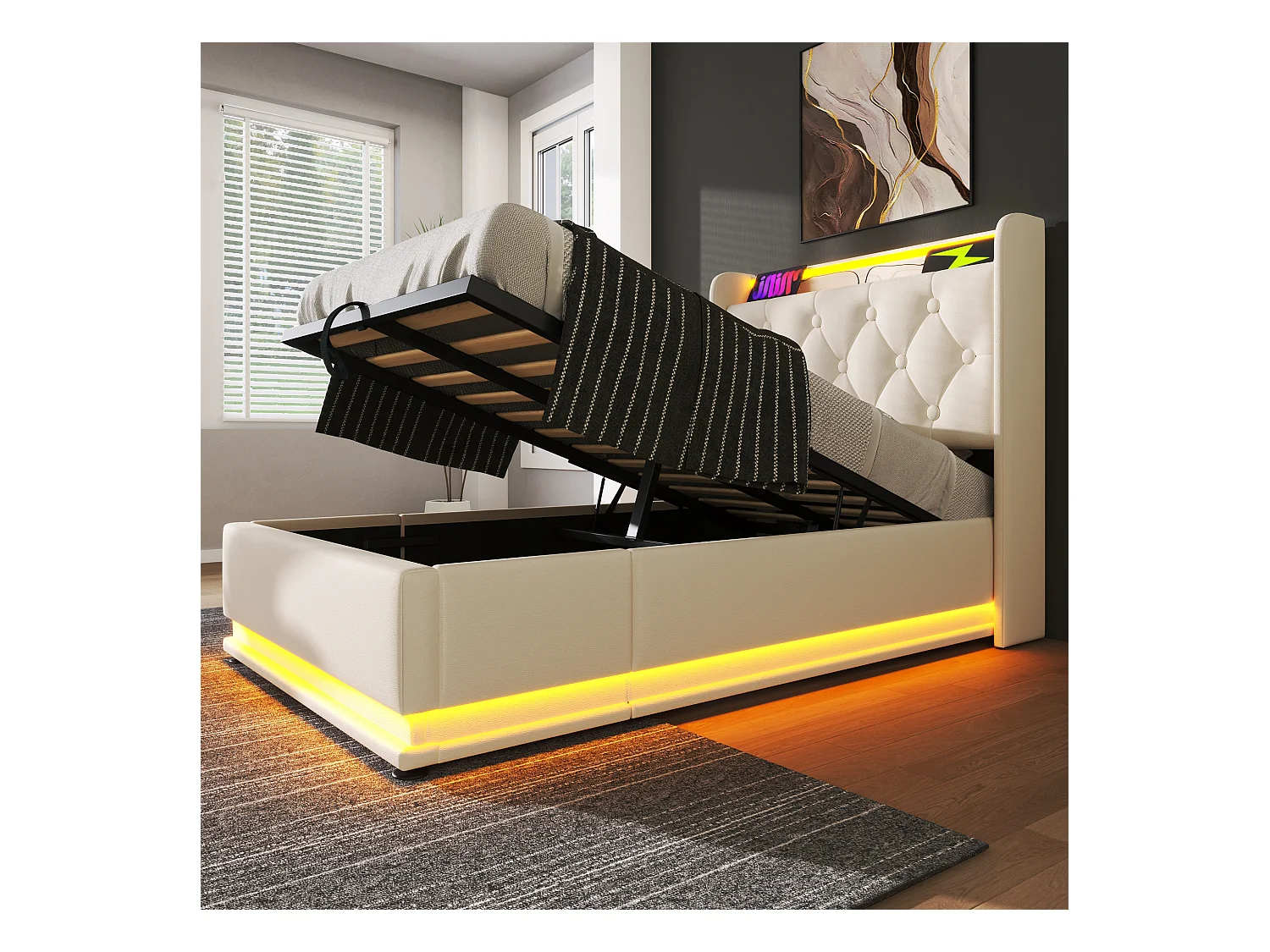 Lit coffre 90x200cm blanc, lit adulte rembourré simple, LED, USB Type-C, PU, sans matelas
