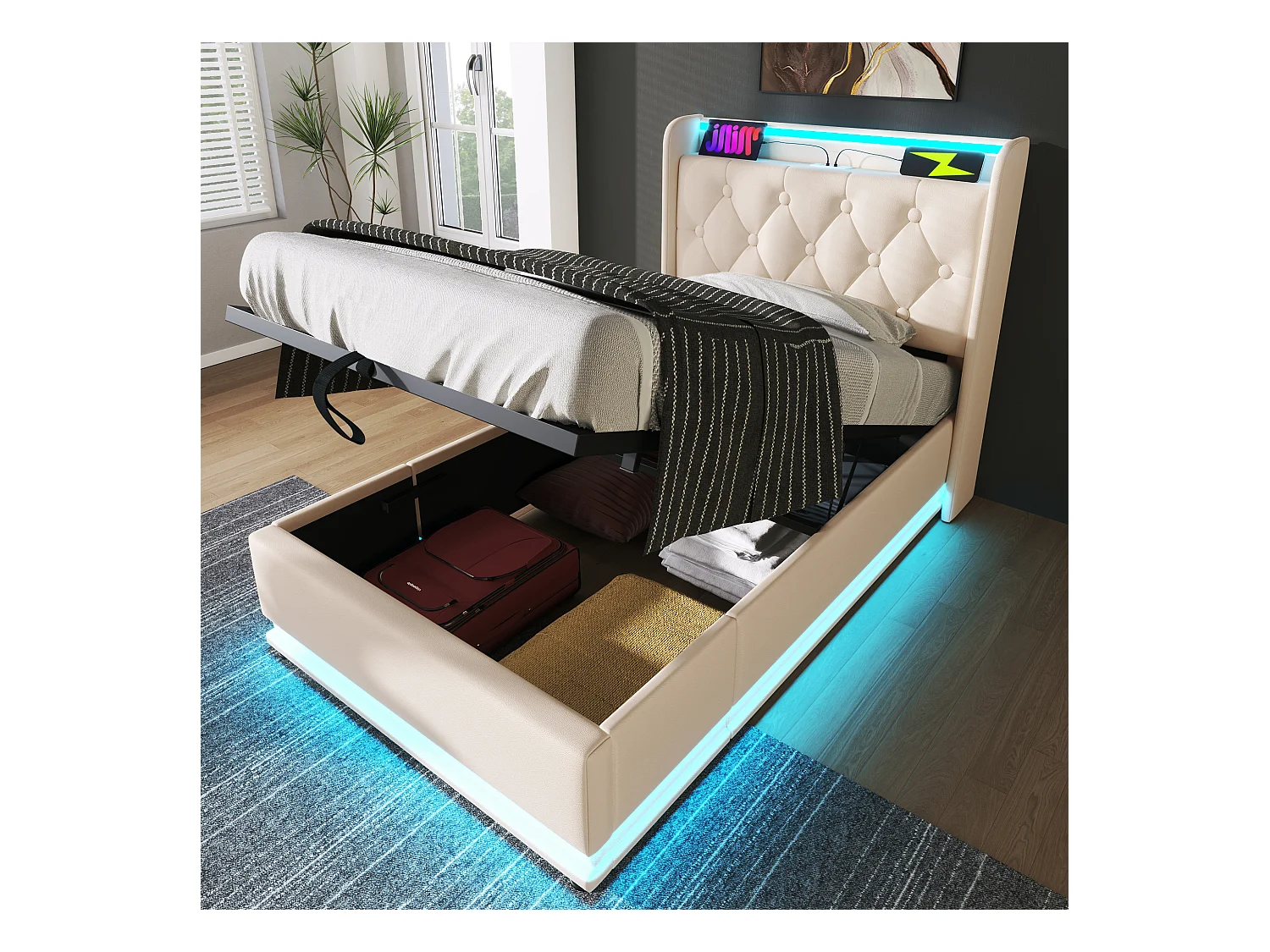 Lit coffre 90x200cm blanc, lit adulte rembourré simple, LED, USB Type-C, PU, sans matelas