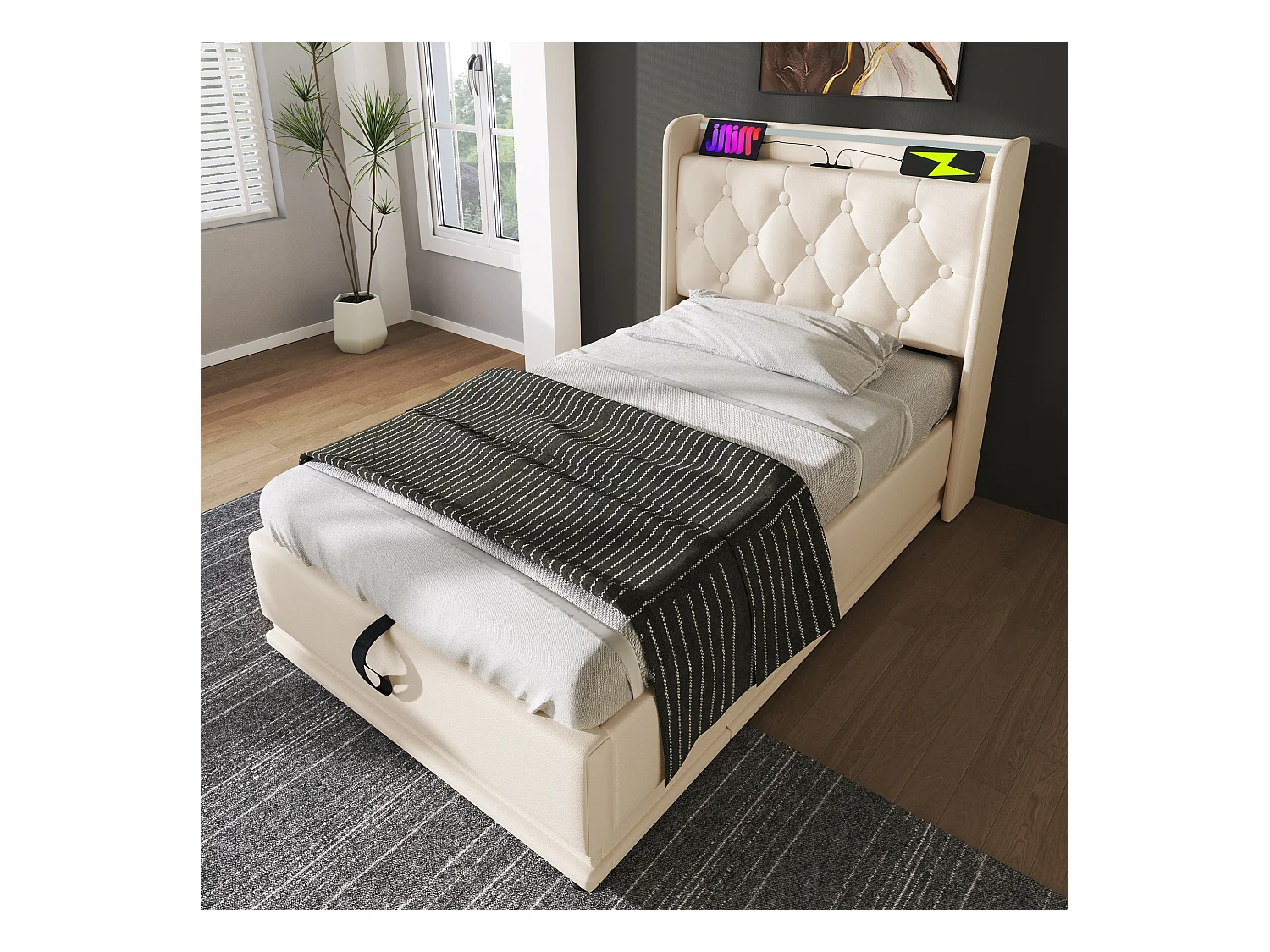 Lit coffre 90x200cm blanc, lit adulte rembourré simple, LED, USB Type-C, PU, sans matelas