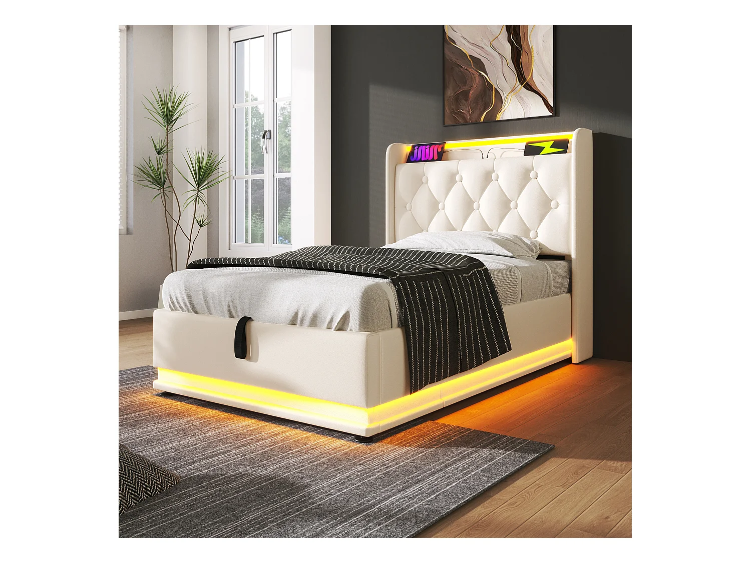 Lit coffre 90x200cm blanc, lit adulte rembourré simple, LED, USB Type-C, PU, sans matelas