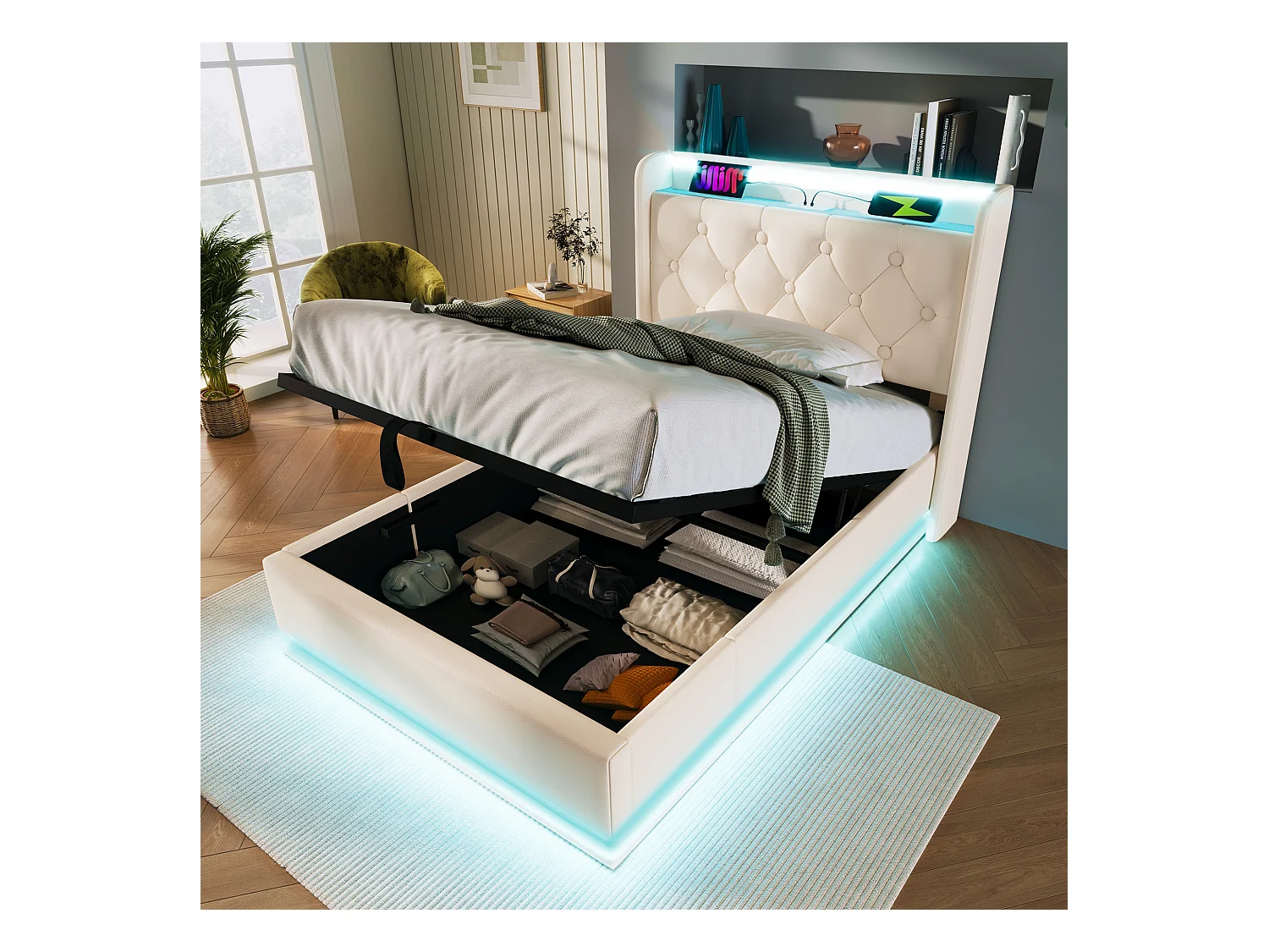 Lit coffre 90x200cm blanc, lit adulte rembourré simple, LED, USB Type-C, PU, sans matelas