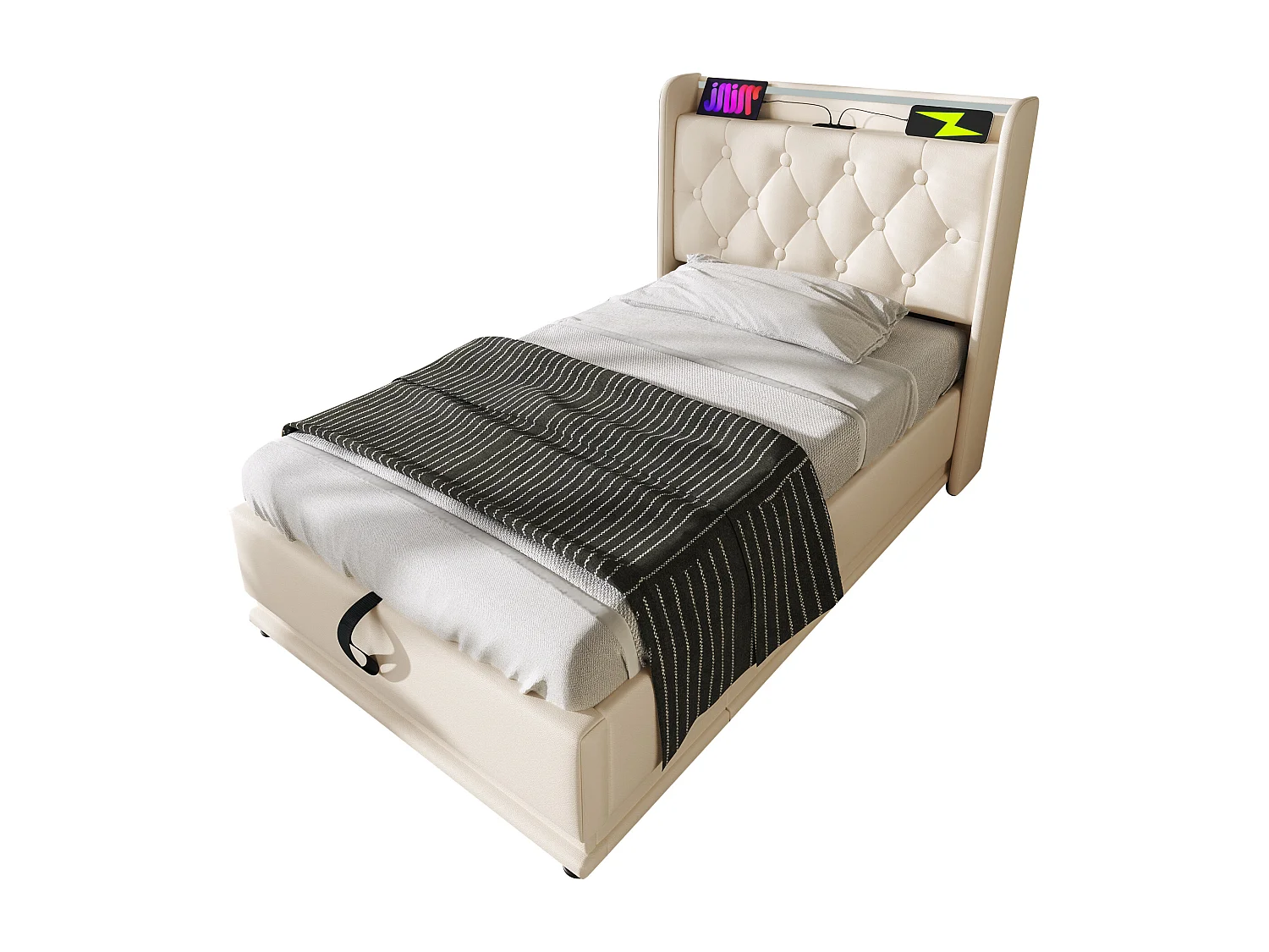 Lit coffre 90x200cm blanc, lit adulte rembourré simple, LED, USB Type-C, PU, sans matelas