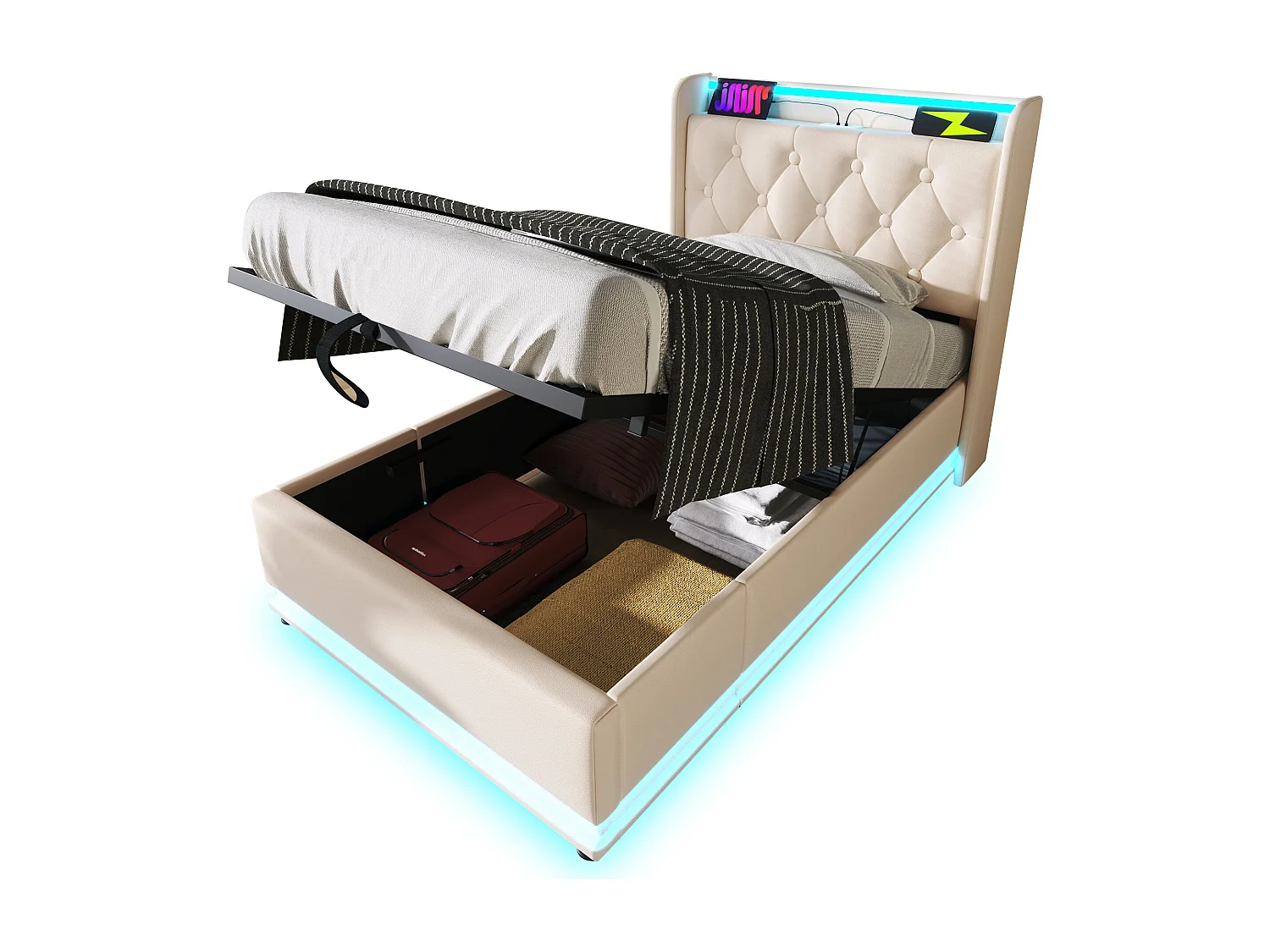 Lit coffre 90x200cm blanc, lit adulte rembourré simple, LED, USB Type-C, PU, sans matelas