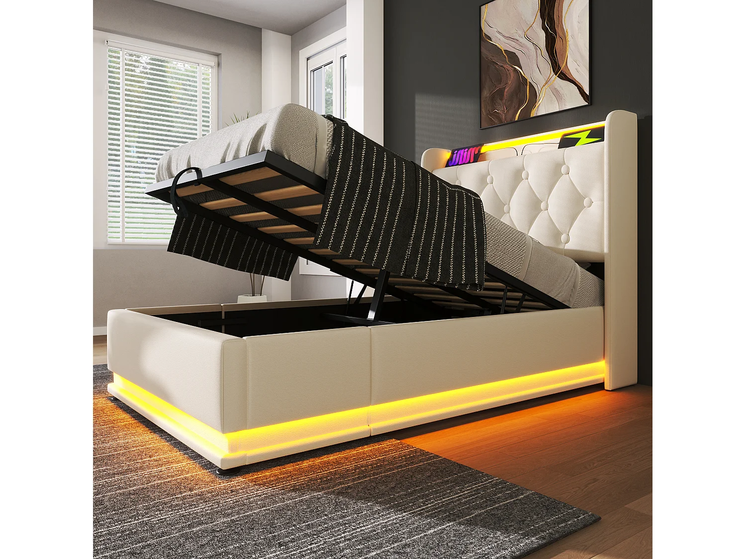 Lit coffre 90x200cm blanc, lit adulte rembourré simple, LED, USB Type-C, PU, sans matelas