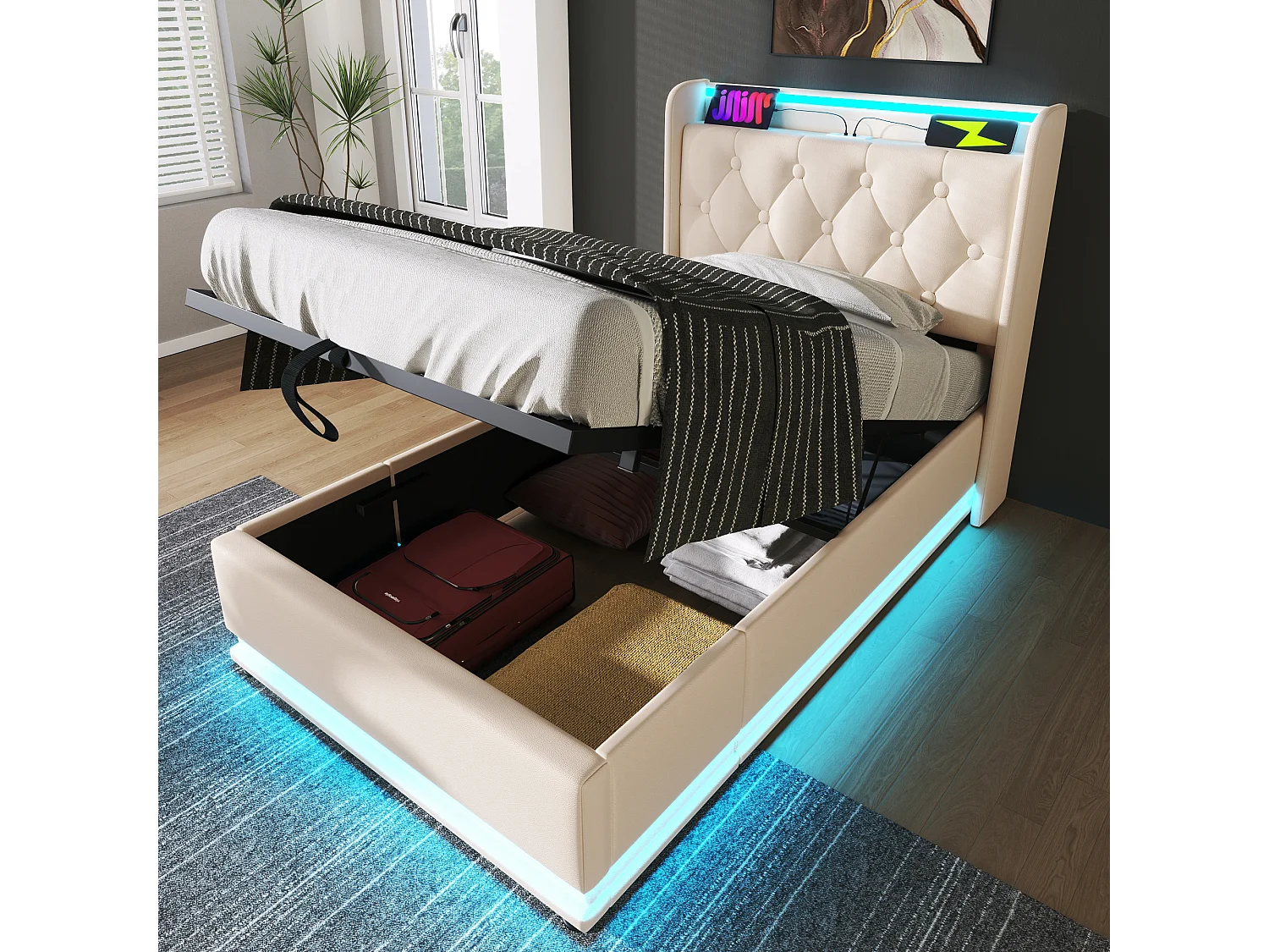 Lit coffre 90x200cm blanc, lit adulte rembourré simple, LED, USB Type-C, PU, sans matelas