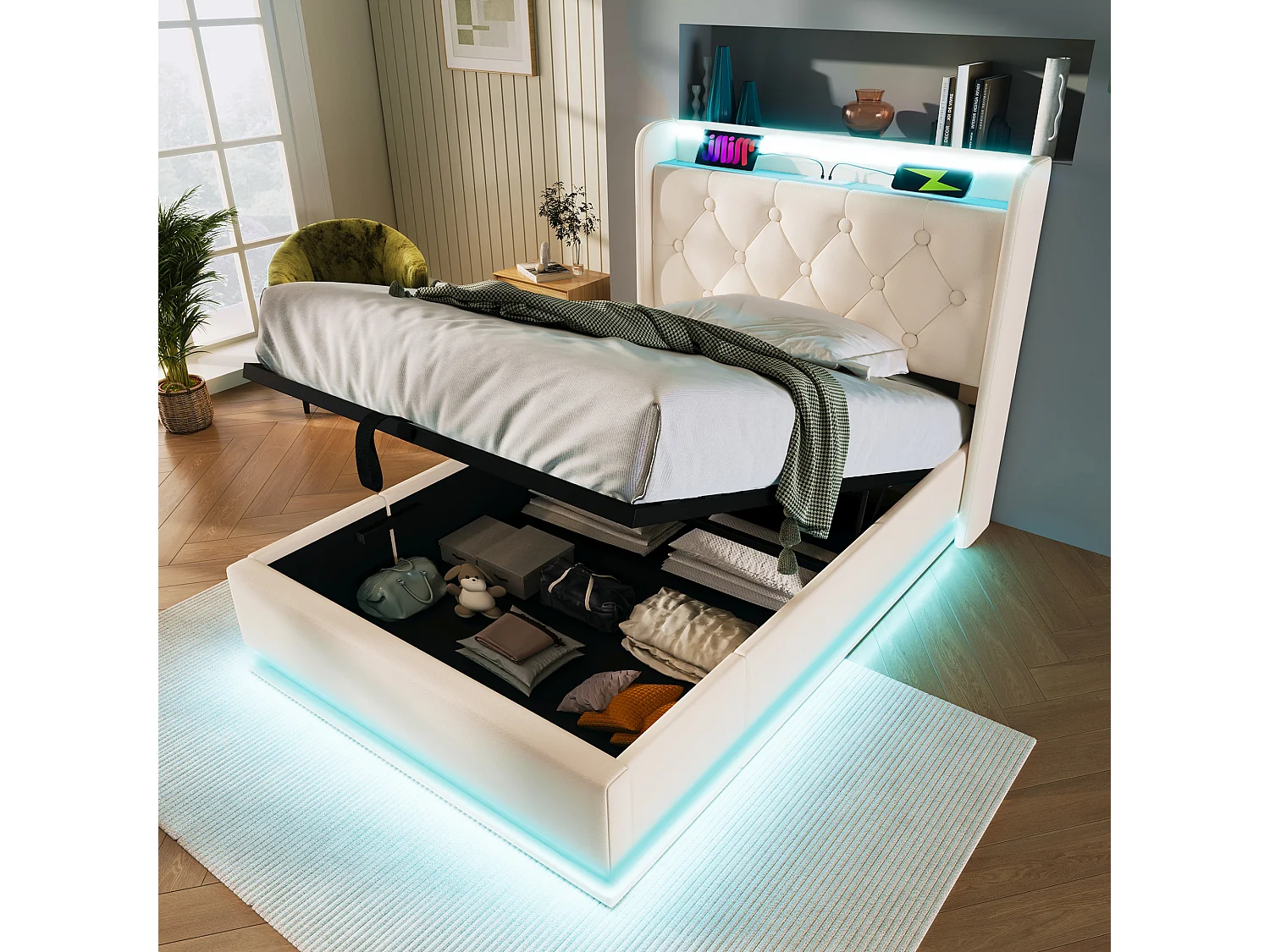 Lit coffre 90x200cm blanc, lit adulte rembourré simple, LED, USB Type-C, PU, sans matelas