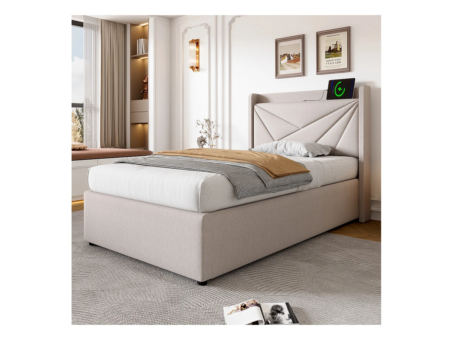 Lit coffre 90x200 cm - lit double avec tête de lit avec chargement USB Type C - lin - beige - sans matelas