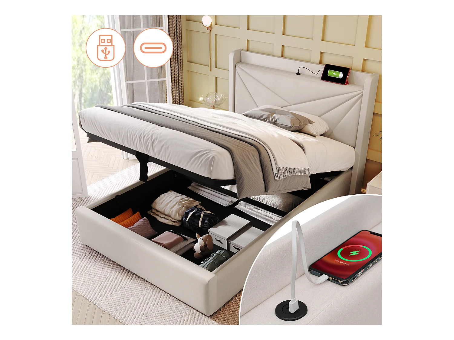 Lit coffre 90x200 cm - lit double avec tête de lit avec chargement USB Type C - lin - beige - sans matelas