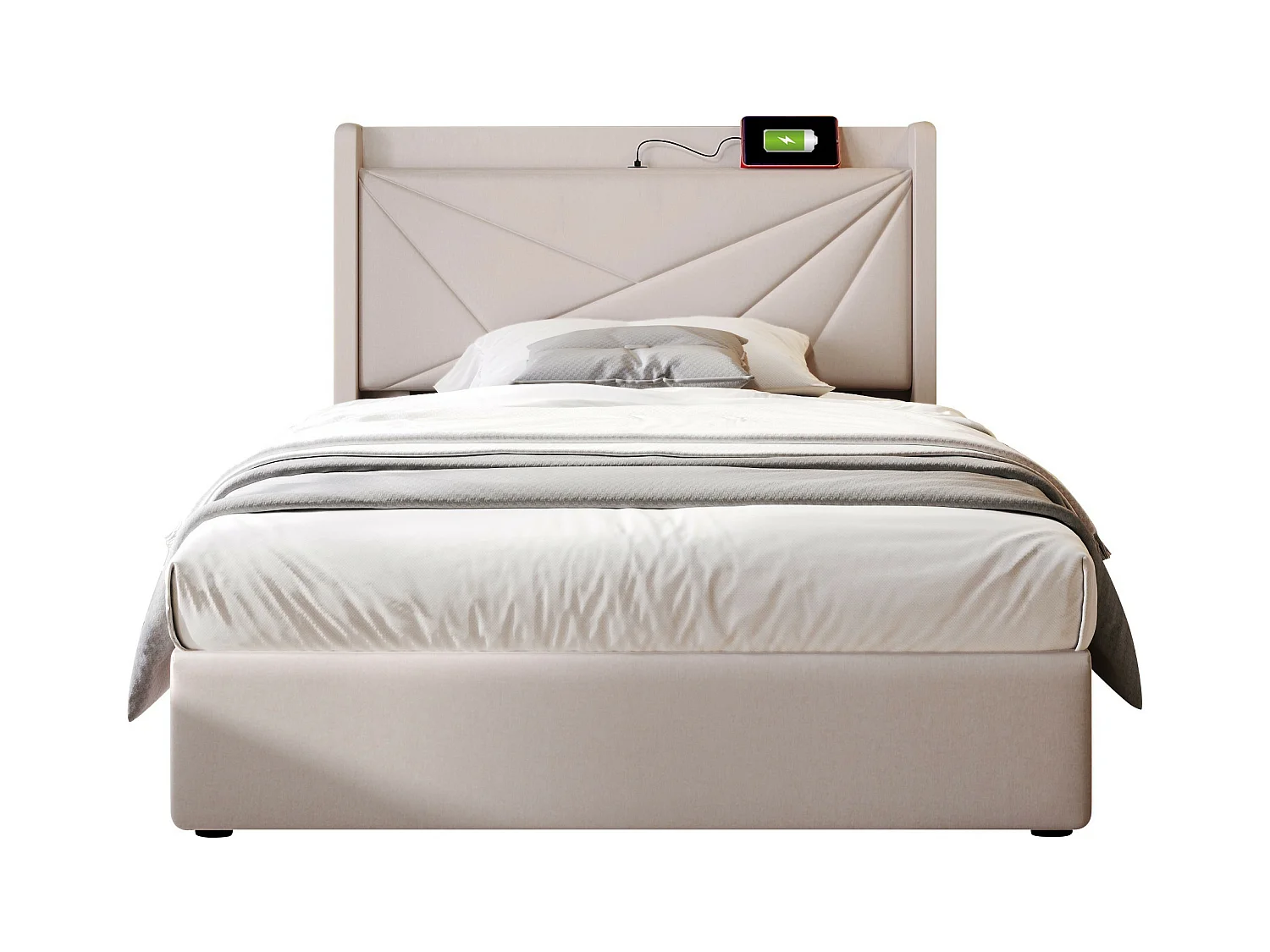 Lit coffre 90x200 cm - lit double avec tête de lit avec chargement USB Type C - lin - beige - sans matelas