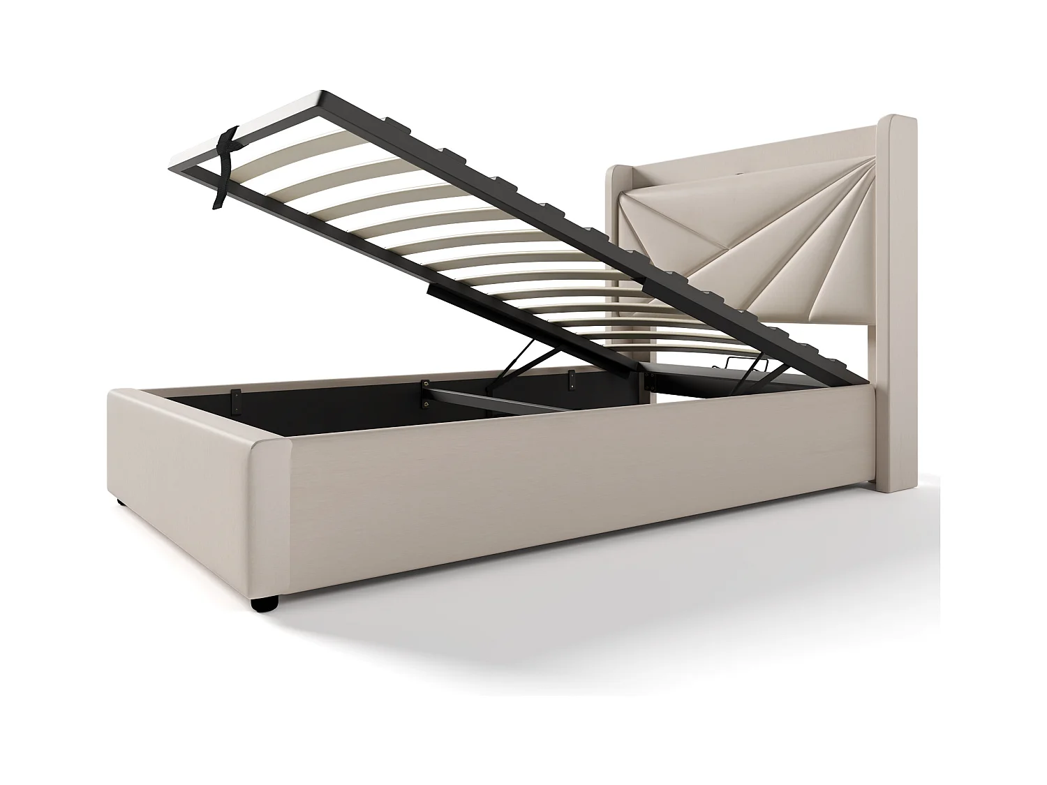 Lit coffre 90x200 cm - lit double avec tête de lit avec chargement USB Type C - lin - beige - sans matelas