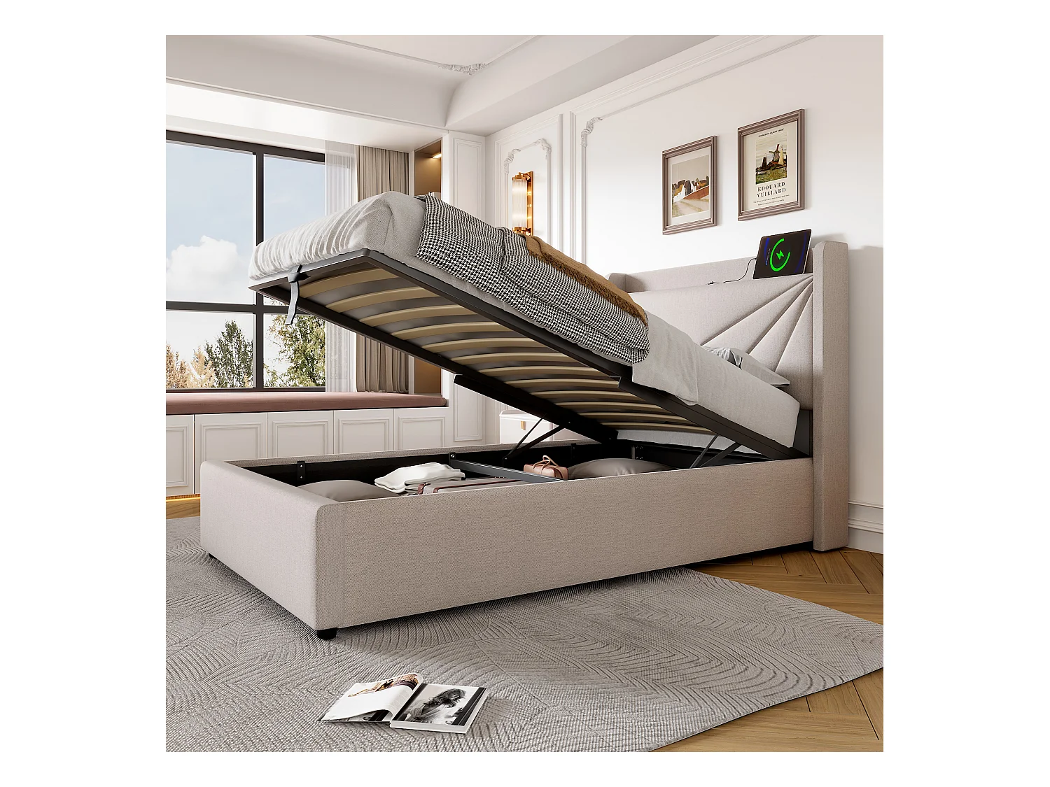 Lit coffre 90x200 cm - lit double avec tête de lit avec chargement USB Type C - lin - beige - sans matelas