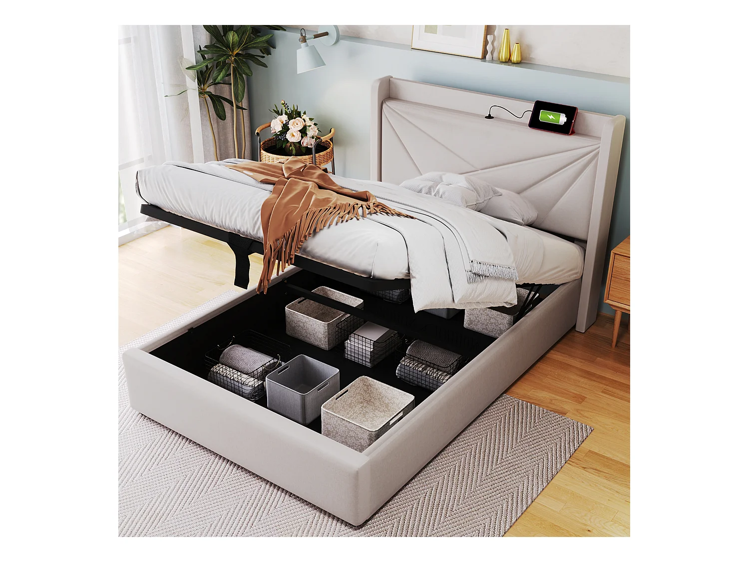 Lit coffre 90x200 cm - lit double avec tête de lit avec chargement USB Type C - lin - beige - sans matelas