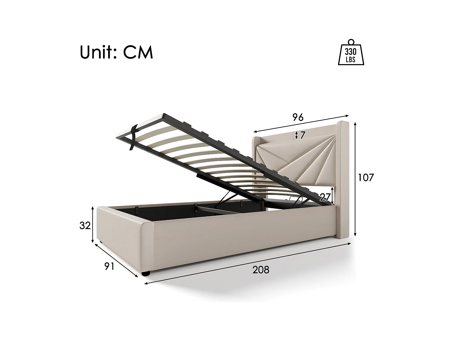 Lit coffre 90x200 cm - lit double avec tête de lit avec chargement USB Type C - lin - beige - sans matelas