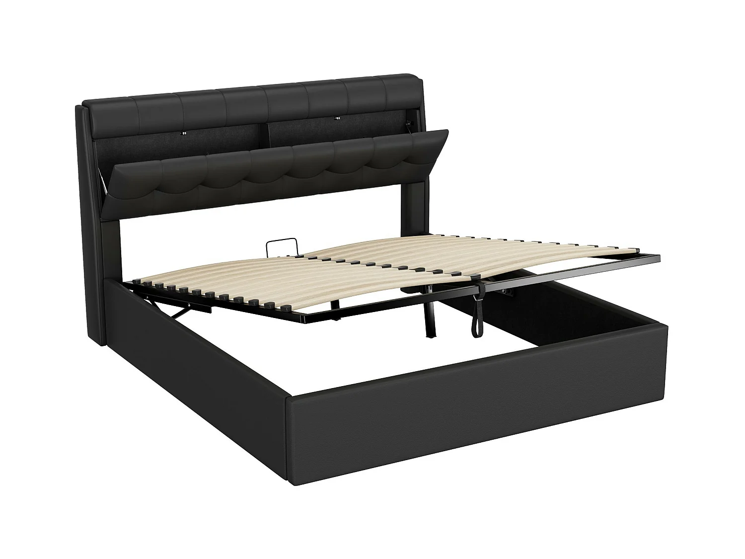 Letto contenitore 160x200 cm - letto imbottito con rete a doghe e testiera contenitore - PU - nero - senza materasso