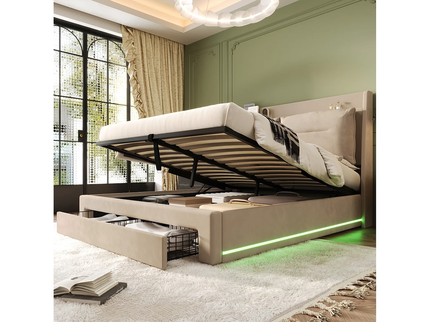 Lit coffre 160x200 cm - lit adulte avec tiroir de rangement 2 en 1 et bande lumineuse LED - velours - beige - sans matelas