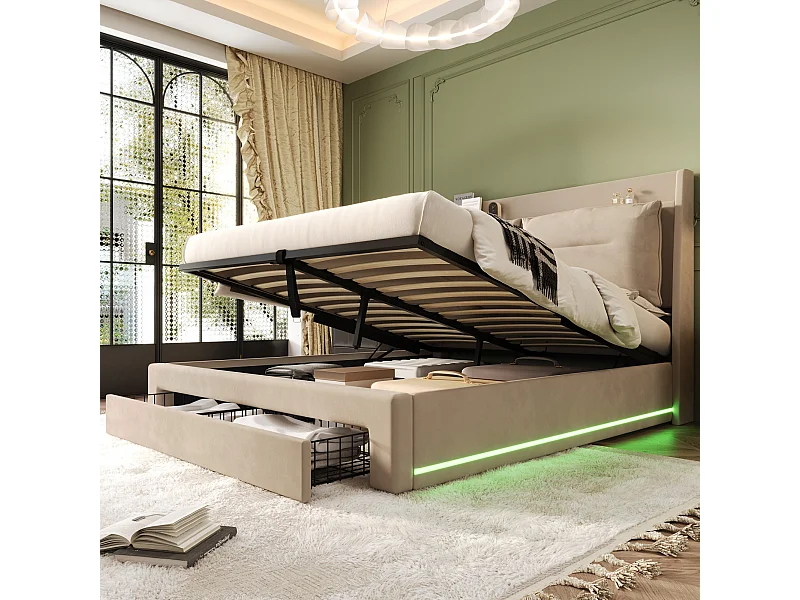 Opbergbed 160x200 cm - Volwassen bed met 2-in-1 opberglade en LED-lichtstrip - fluweel - beige - zonder matras