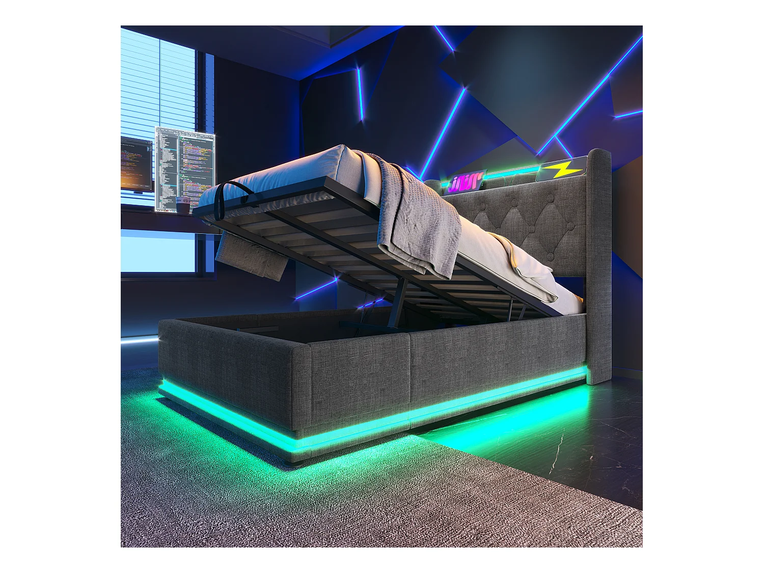 Lit coffre 90x200cm Gris, LED + USB Type-C, lit avec rangement, lit adulte hydraulique en lin, sans matelas