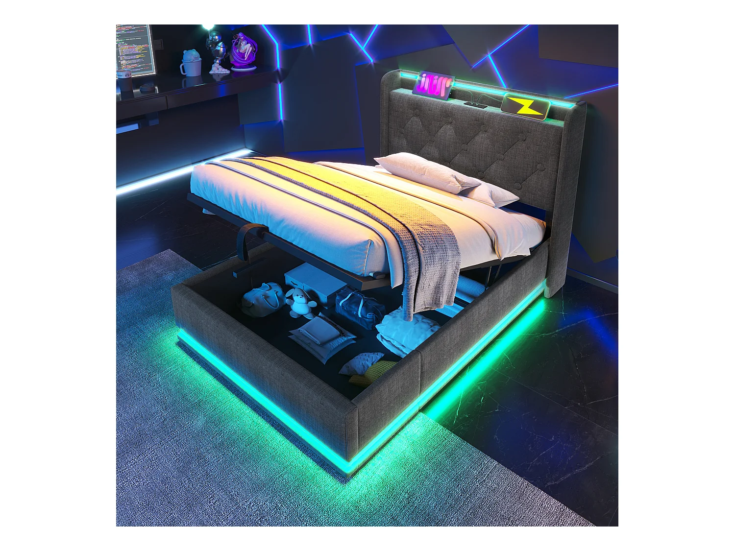 Lit coffre 90x200cm Gris, LED + USB Type-C, lit avec rangement, lit adulte hydraulique en lin, sans matelas