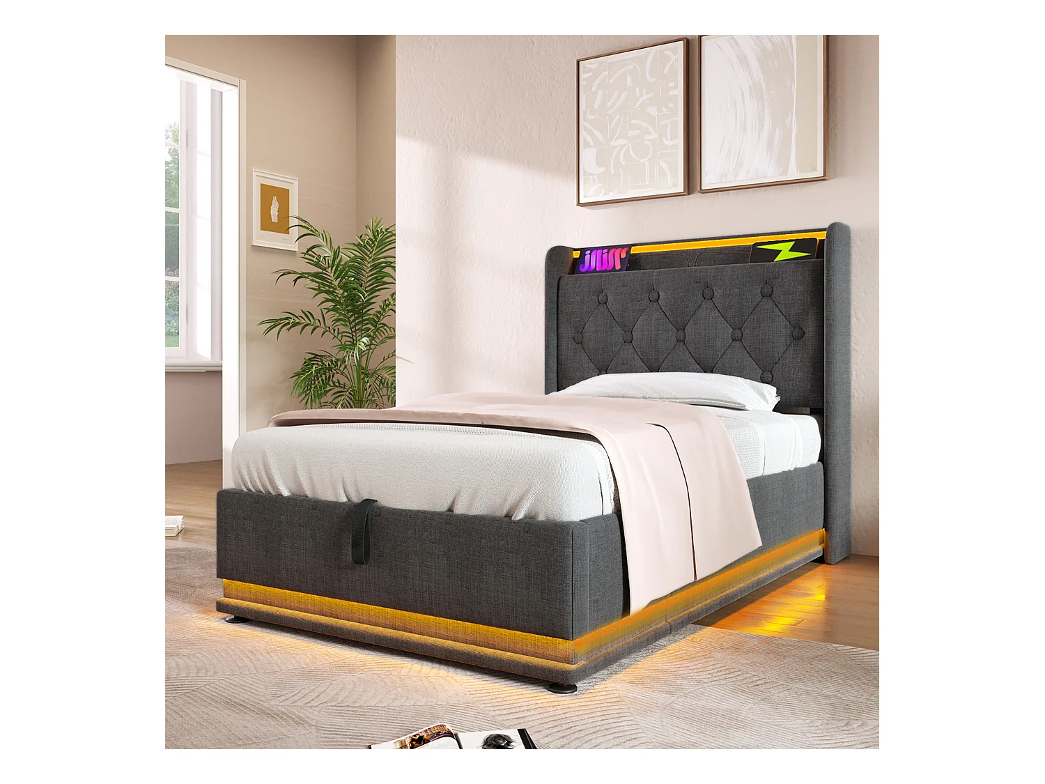 Lit coffre 90x200cm Gris, LED + USB Type-C, lit avec rangement, lit adulte hydraulique en lin, sans matelas