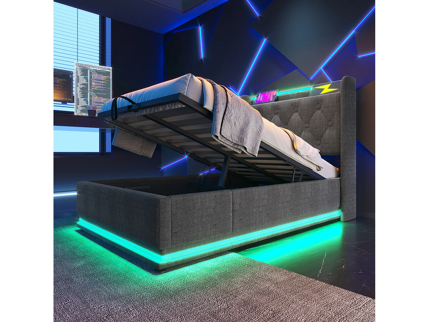 Lit coffre 90x200cm Gris, LED + USB Type-C, lit avec rangement, lit adulte hydraulique en lin, sans matelas