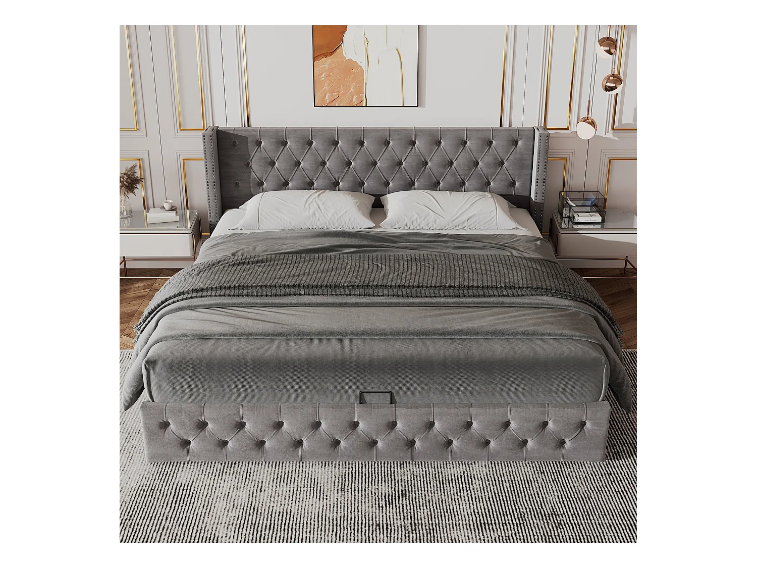 Lit coffre 140x200 cm - lit double en forme d'oreille double rangée de rivets - lit double - velours - gris