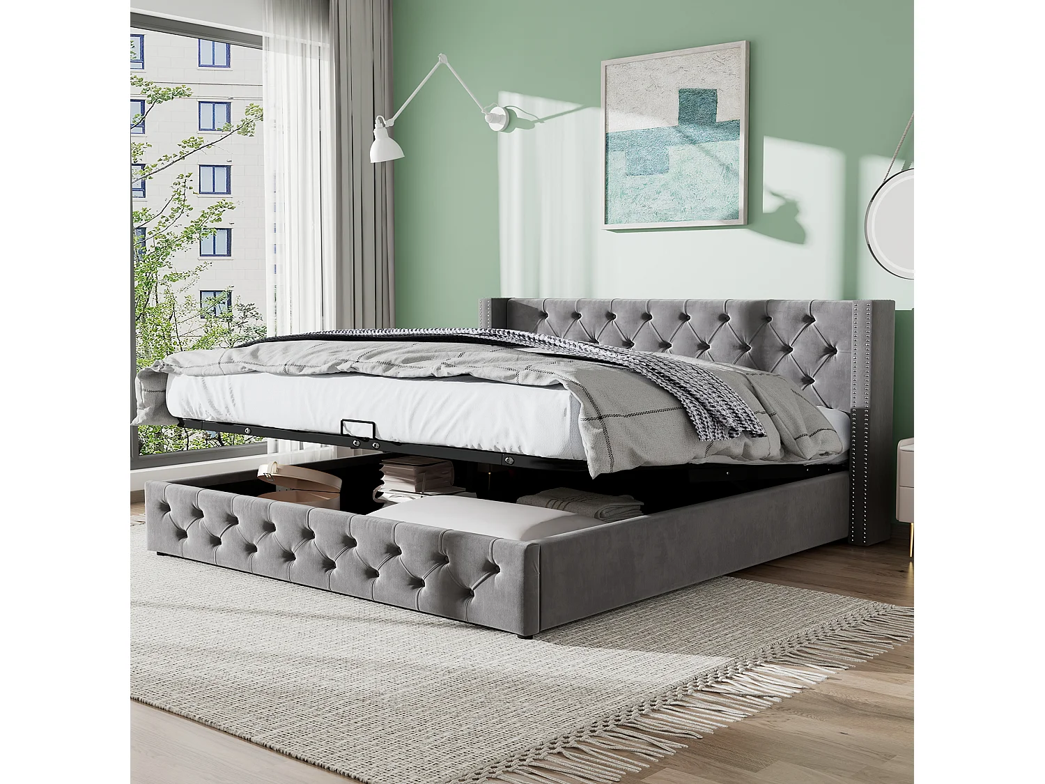 Lit coffre 140x200 cm - lit double en forme d'oreille double rangée de rivets - lit double - velours - gris
