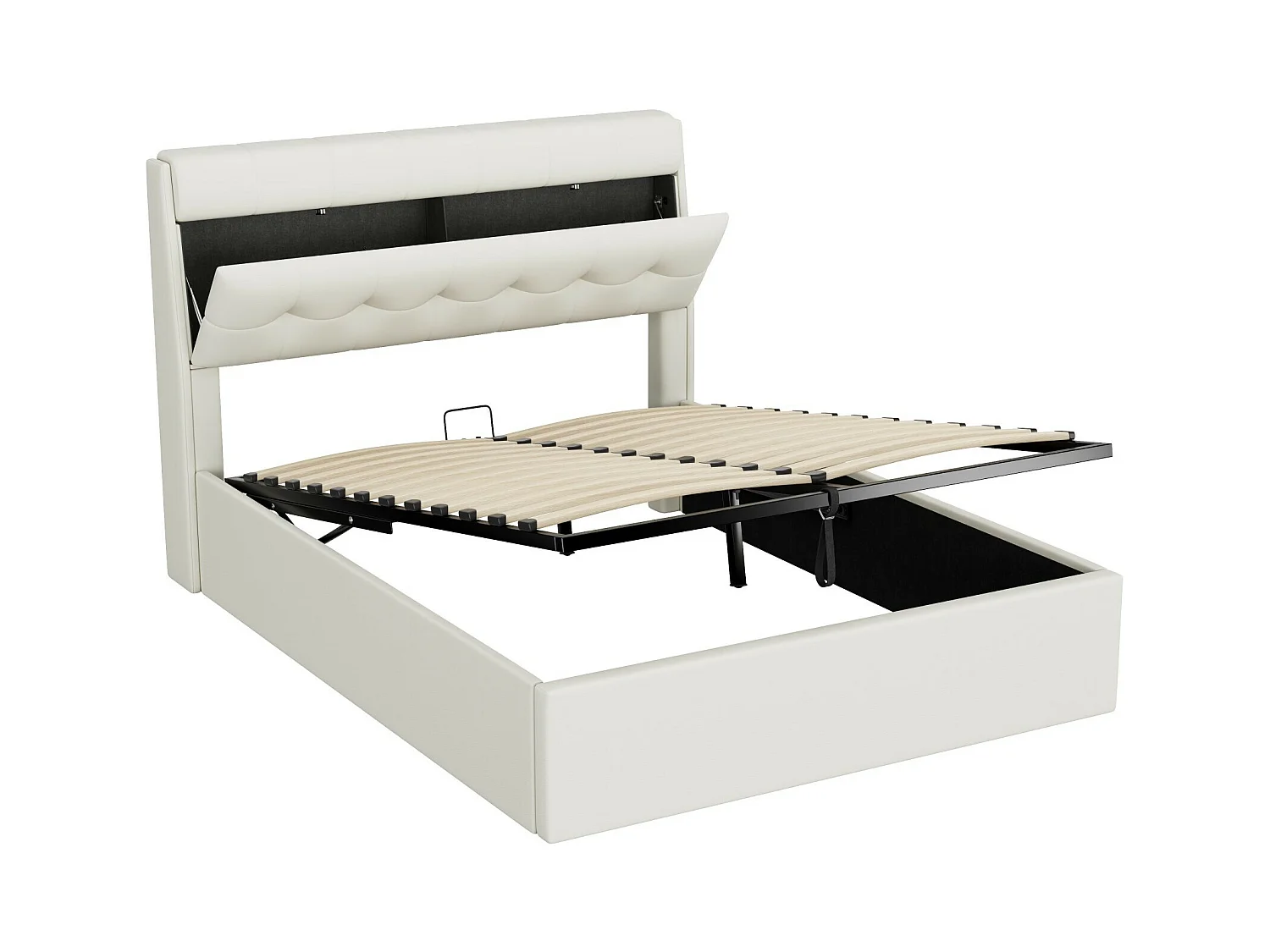 Letto contenitore 140x200 cm - letto imbottito con rete a doghe e testiera contenitore - PU - bianco - senza materasso