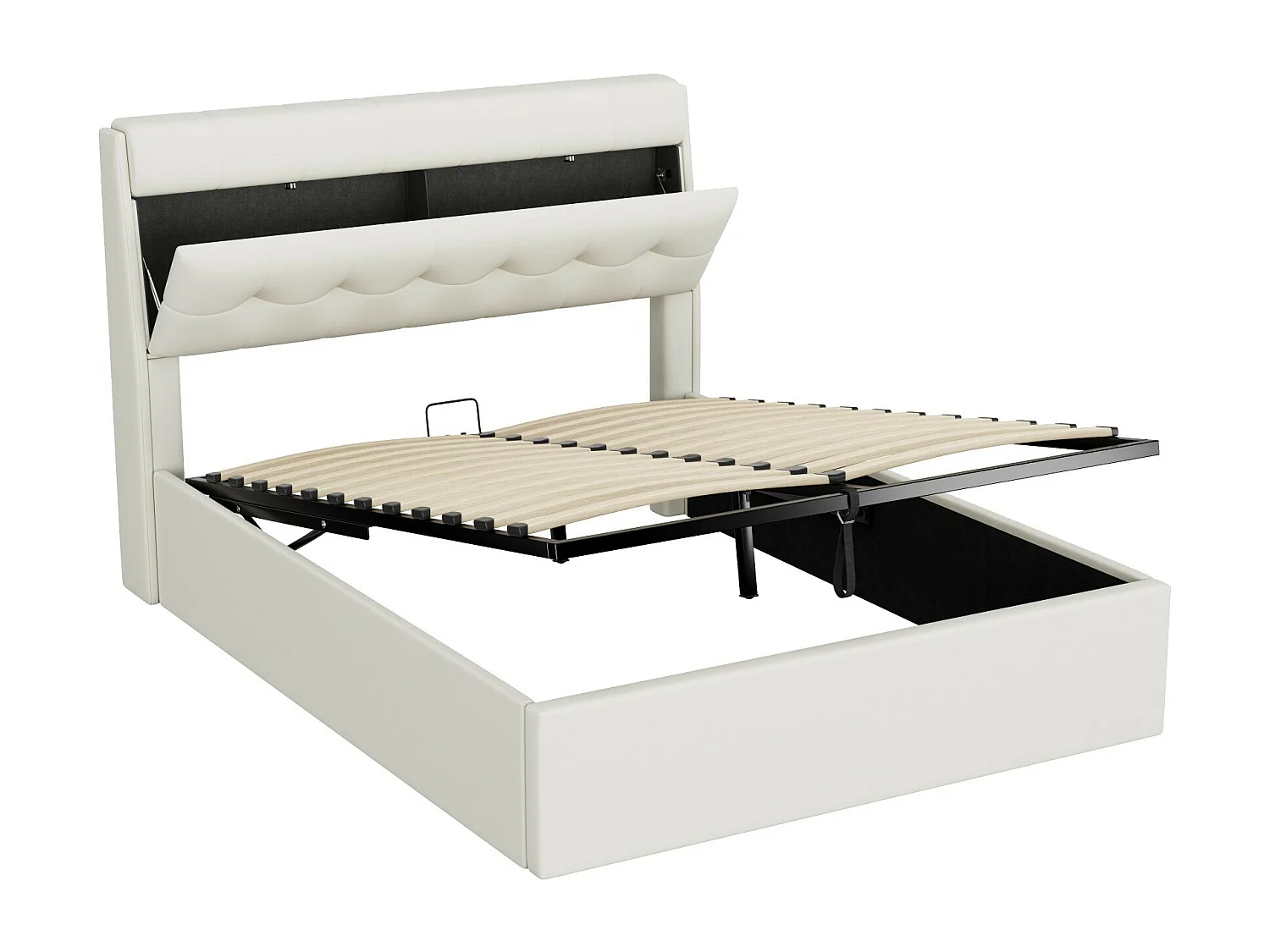 Lit coffre 140x200 cm - lit capitonné avec sommier à lattes et tête de lit coffre - PU - blanc - sans matelas