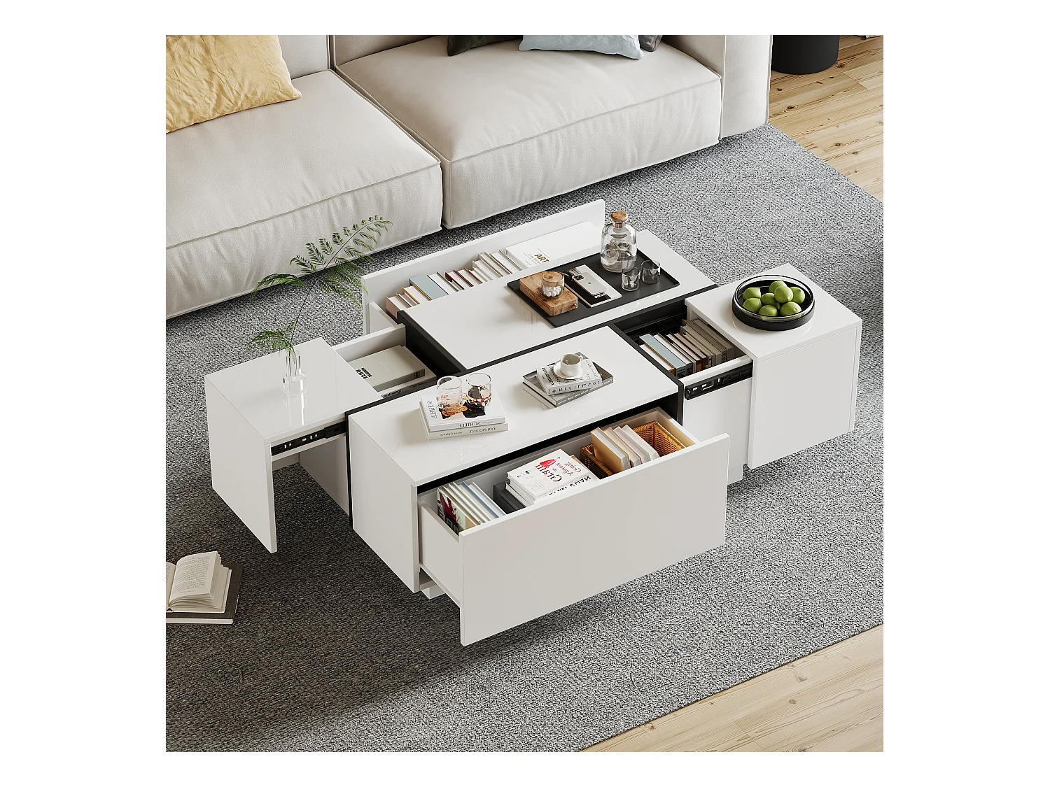 Mesa de centro rectangular 100x60x40cm con 4 cajones, cuerpo en laca blanca con detalles en negro.