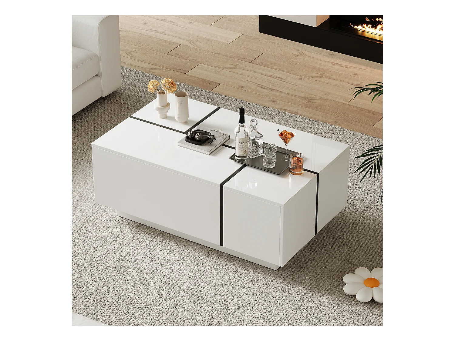 Mesa de centro rectangular 100x60x40cm con 4 cajones, cuerpo en laca blanca con detalles en negro.