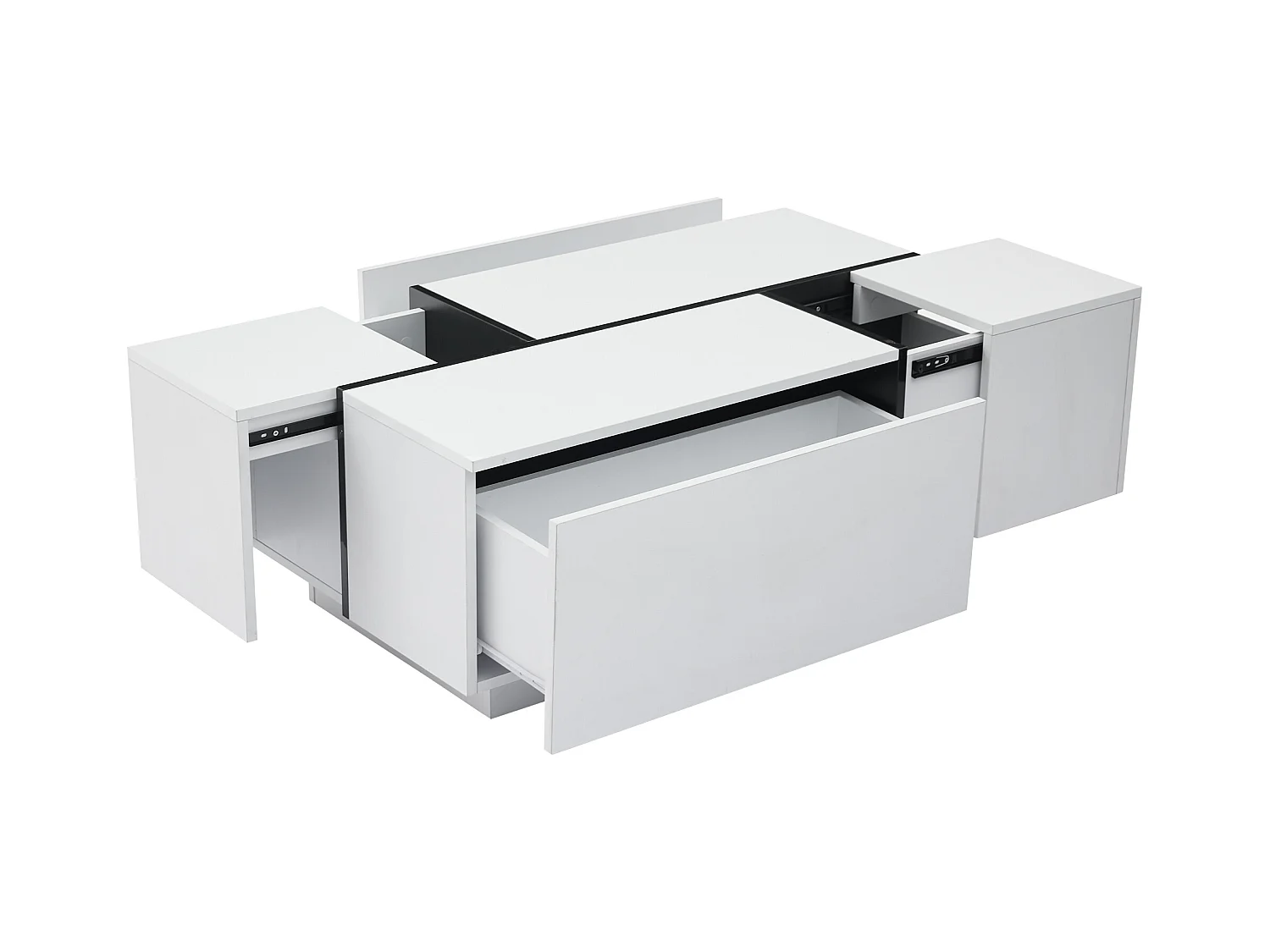 Mesa de centro rectangular 100x60x40cm con 4 cajones, cuerpo en laca blanca con detalles en negro.