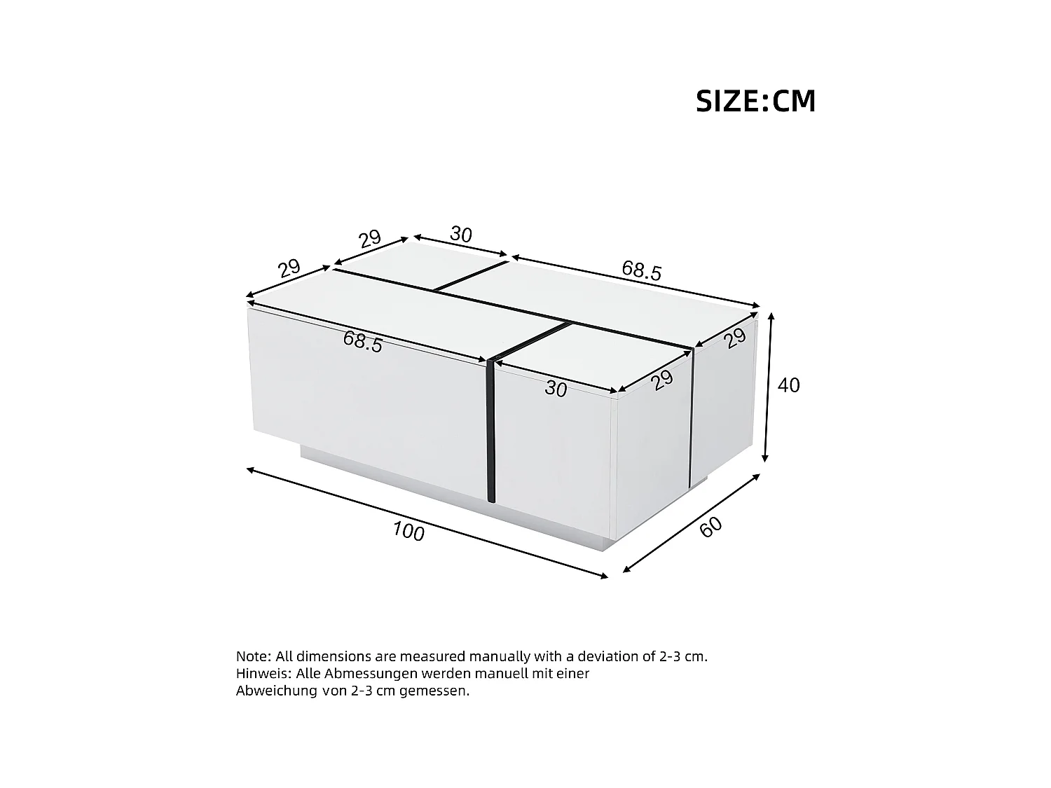 Mesa de centro rectangular 100x60x40cm con 4 cajones, cuerpo en laca blanca con detalles en negro.