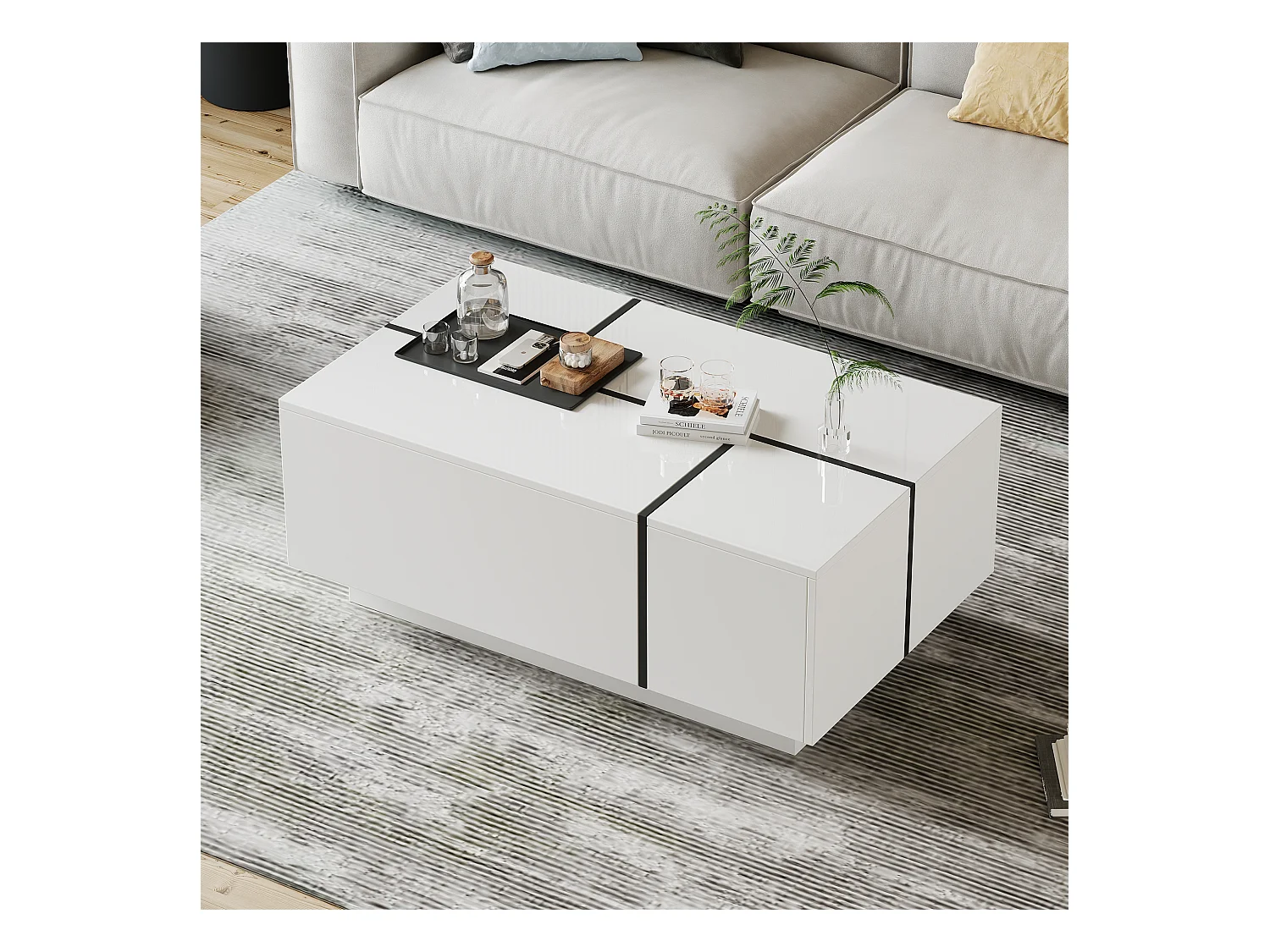 Mesa de centro rectangular 100x60x40cm con 4 cajones, cuerpo en laca blanca con detalles en negro.