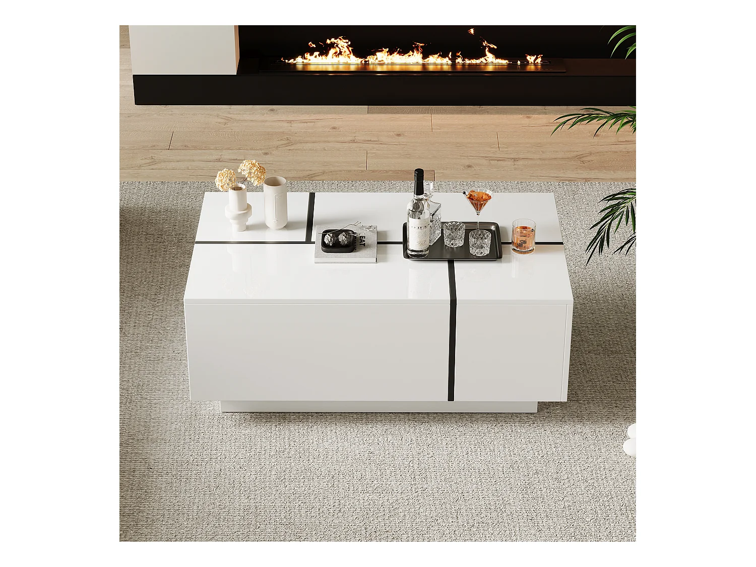 Mesa de centro rectangular 100x60x40cm con 4 cajones, cuerpo en laca blanca con detalles en negro.