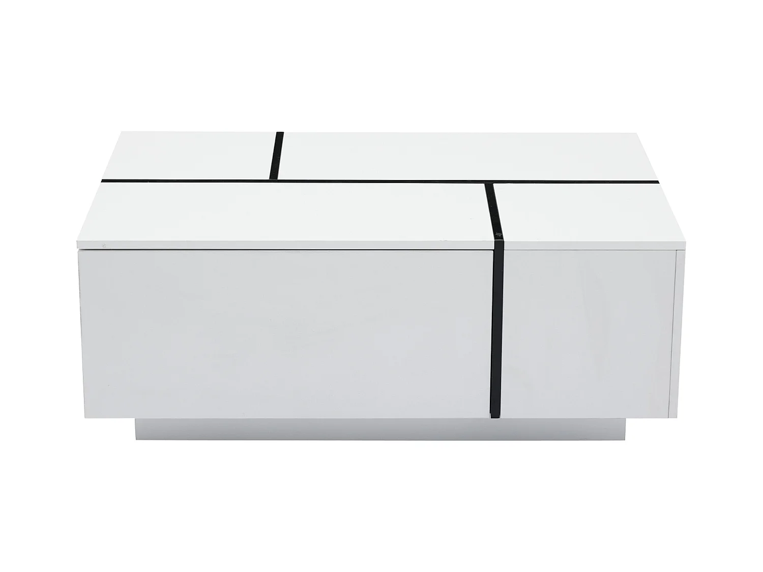 Mesa de centro rectangular 100x60x40cm con 4 cajones, cuerpo en laca blanca con detalles en negro.