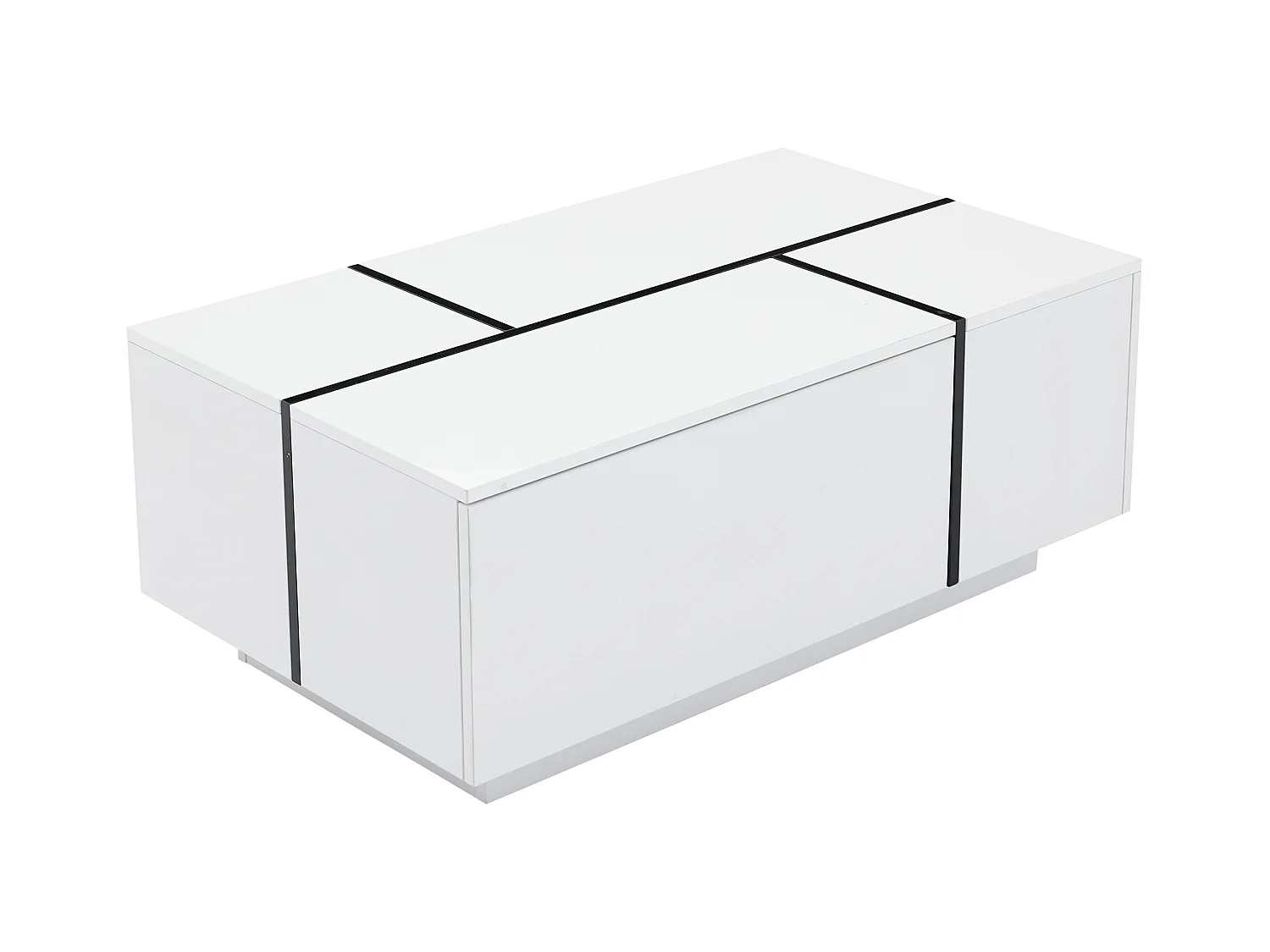 Mesa de centro rectangular 100x60x40cm con 4 cajones, cuerpo en laca blanca con detalles en negro.