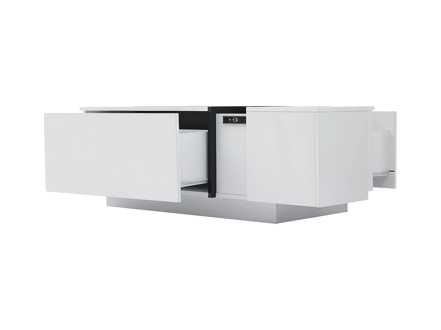 Mesa de centro rectangular 100x60x40cm con 4 cajones, cuerpo en laca blanca con detalles en negro.