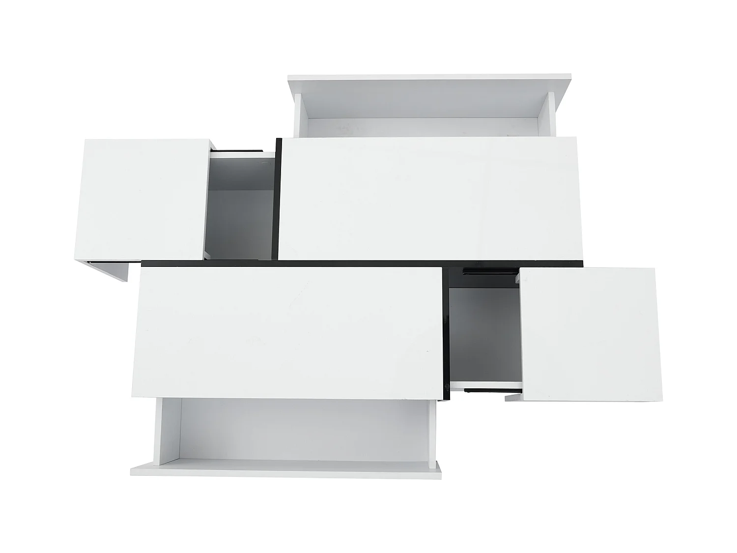 Mesa de centro rectangular 100x60x40cm con 4 cajones, cuerpo en laca blanca con detalles en negro.