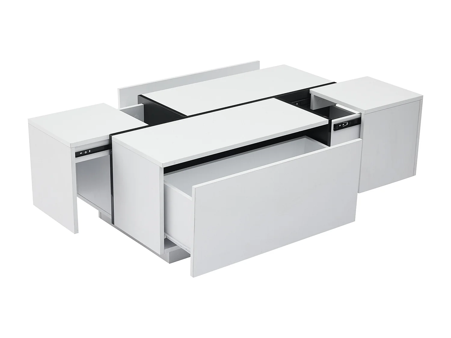 Table basse rectangle 100x60x40cm avec 4 tiroirs, corps en blanc laqué avec les détails noirs