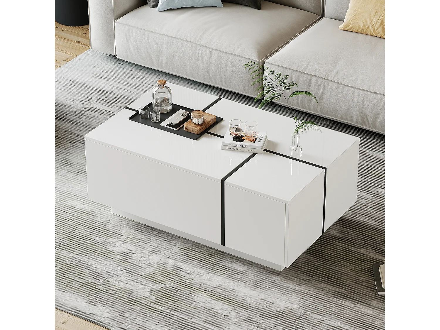 Table basse rectangle 100x60x40cm avec 4 tiroirs, corps en blanc laqué avec les détails noirs