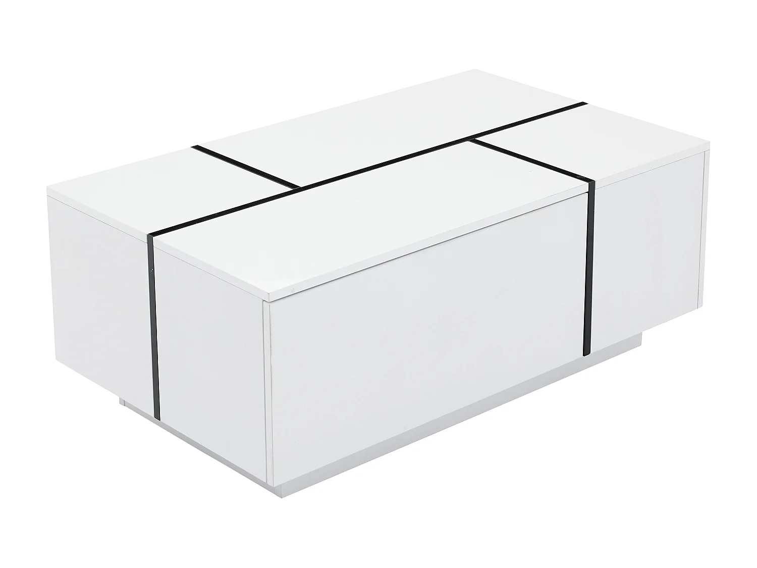 Table basse rectangle 100x60x40cm avec 4 tiroirs, corps en blanc laqué avec les détails noirs