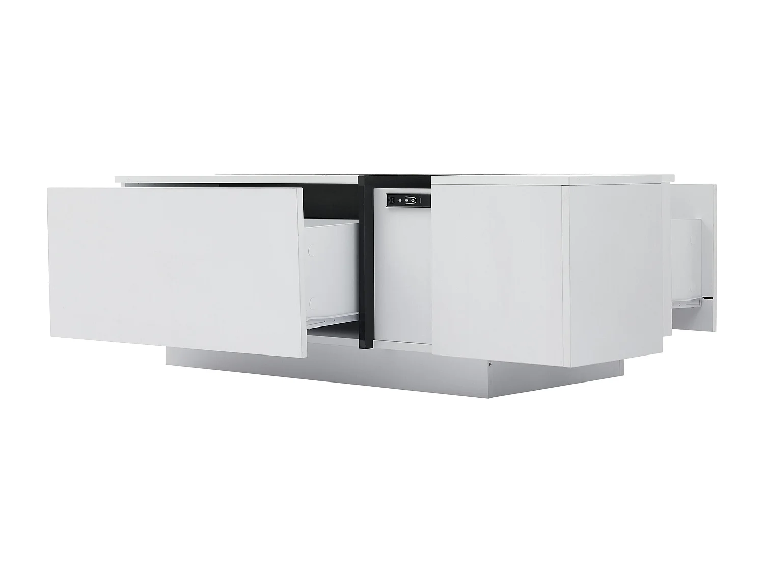 Table basse rectangle 100x60x40cm avec 4 tiroirs, corps en blanc laqué avec les détails noirs