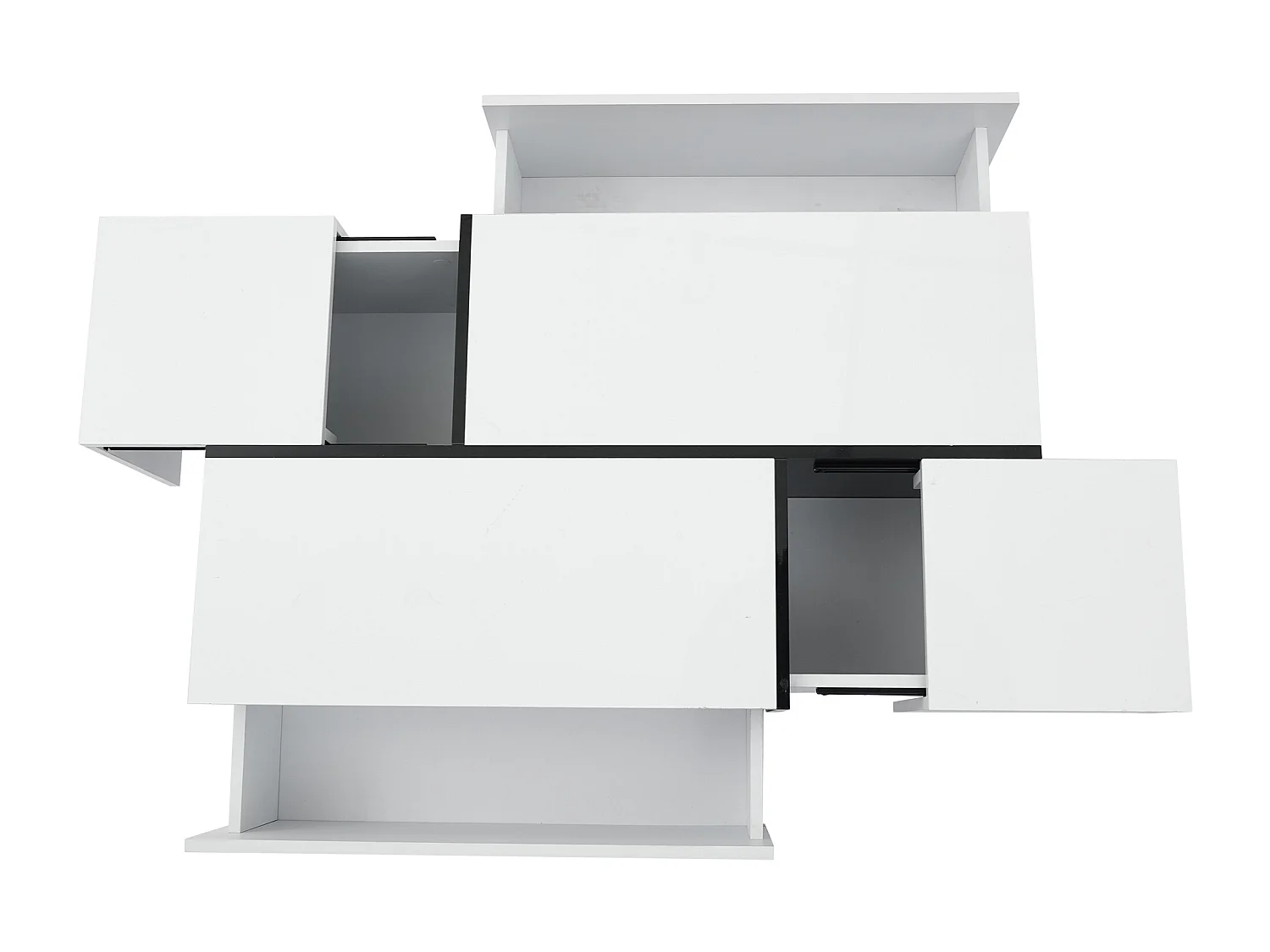 Table basse rectangle 100x60x40cm avec 4 tiroirs, corps en blanc laqué avec les détails noirs