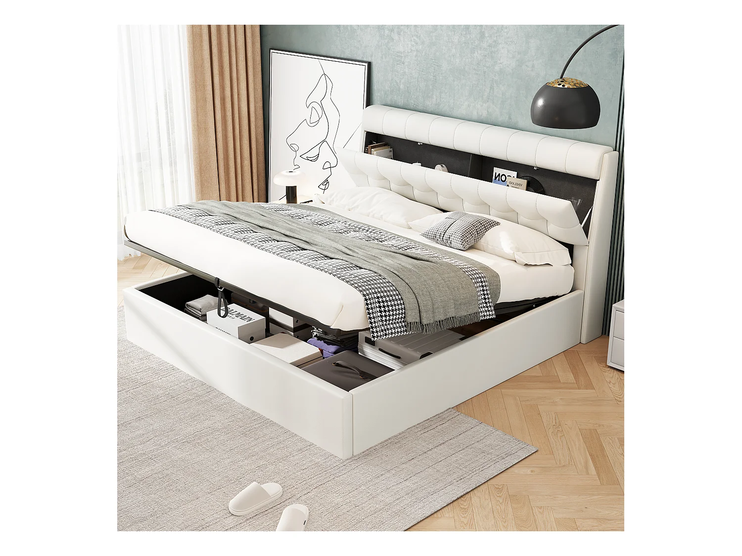 Lit coffre 140x190 cm - lit capitonné avec sommier à lattes et tête de lit coffre - PU - blanc - sans matelas